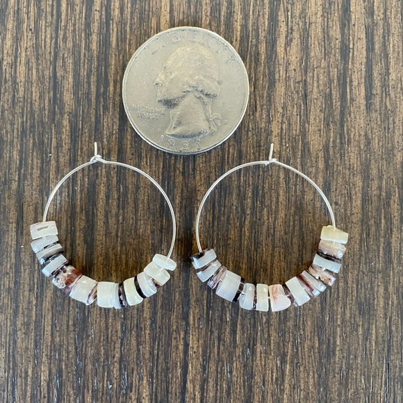 HAND CRAFTED EARRINGS Silver Plated Wire Hoops Amber Shell Rondelles - Picture 3 of 14